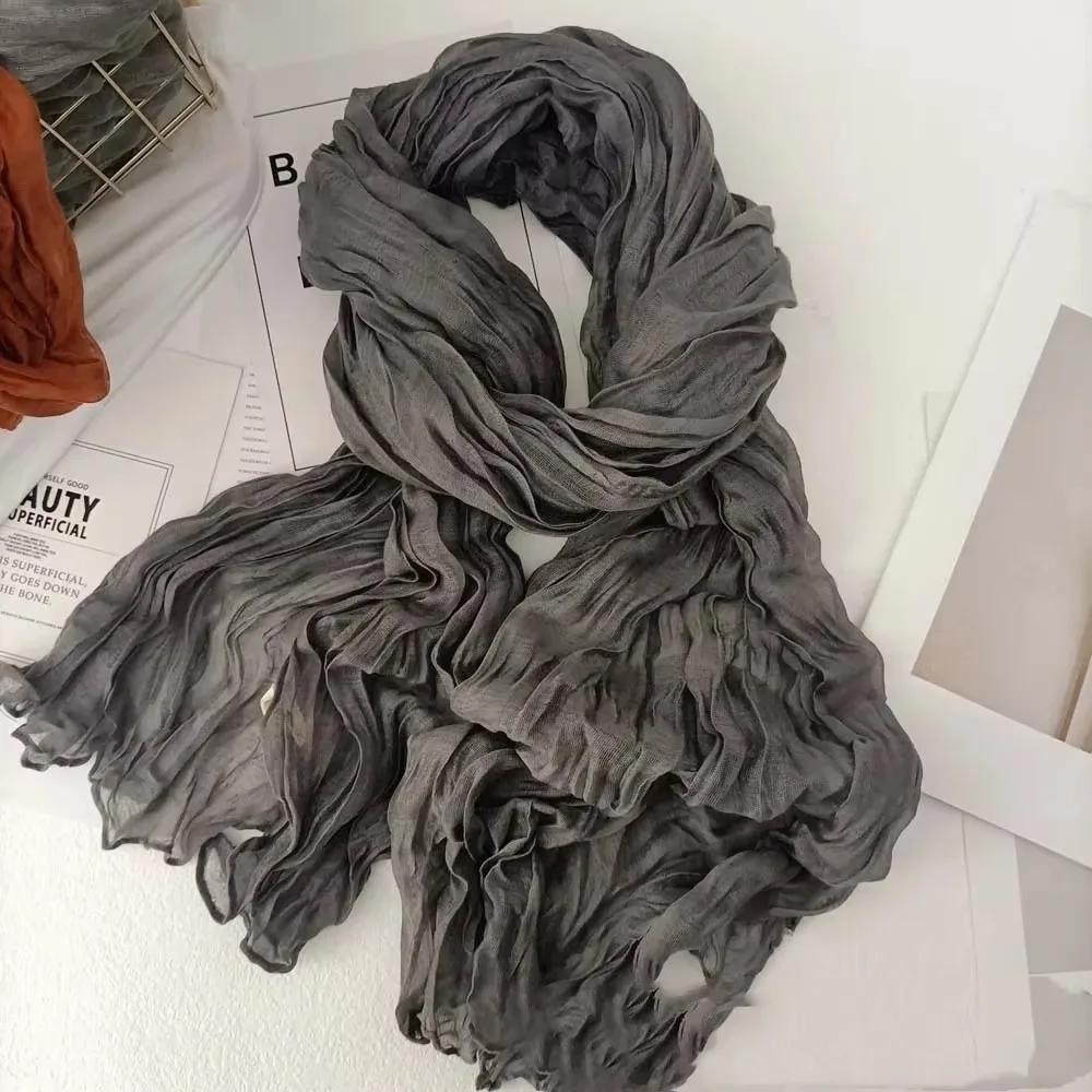 Solid Color Cotton Linen Scarf Retro Autumn Winter New Pleated Green Thin Strip Shawl Men'S Women'S Thermal Silk