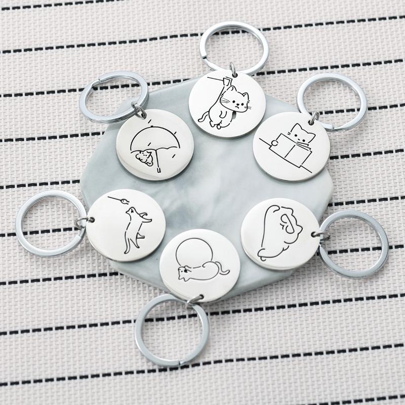 Cute Cat Round Stainless Steel Keychain 6 Optional Styles Fashion Bag Pendant Practical Gift for Best Friends