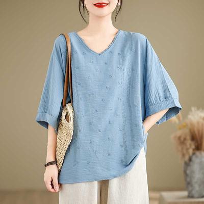 Top de Linho Ramie Bordado de Verão Gola V Solta Camisa de Manga Curta de Linho e Algodão Cânhamo Camiseta Versátil Feminina