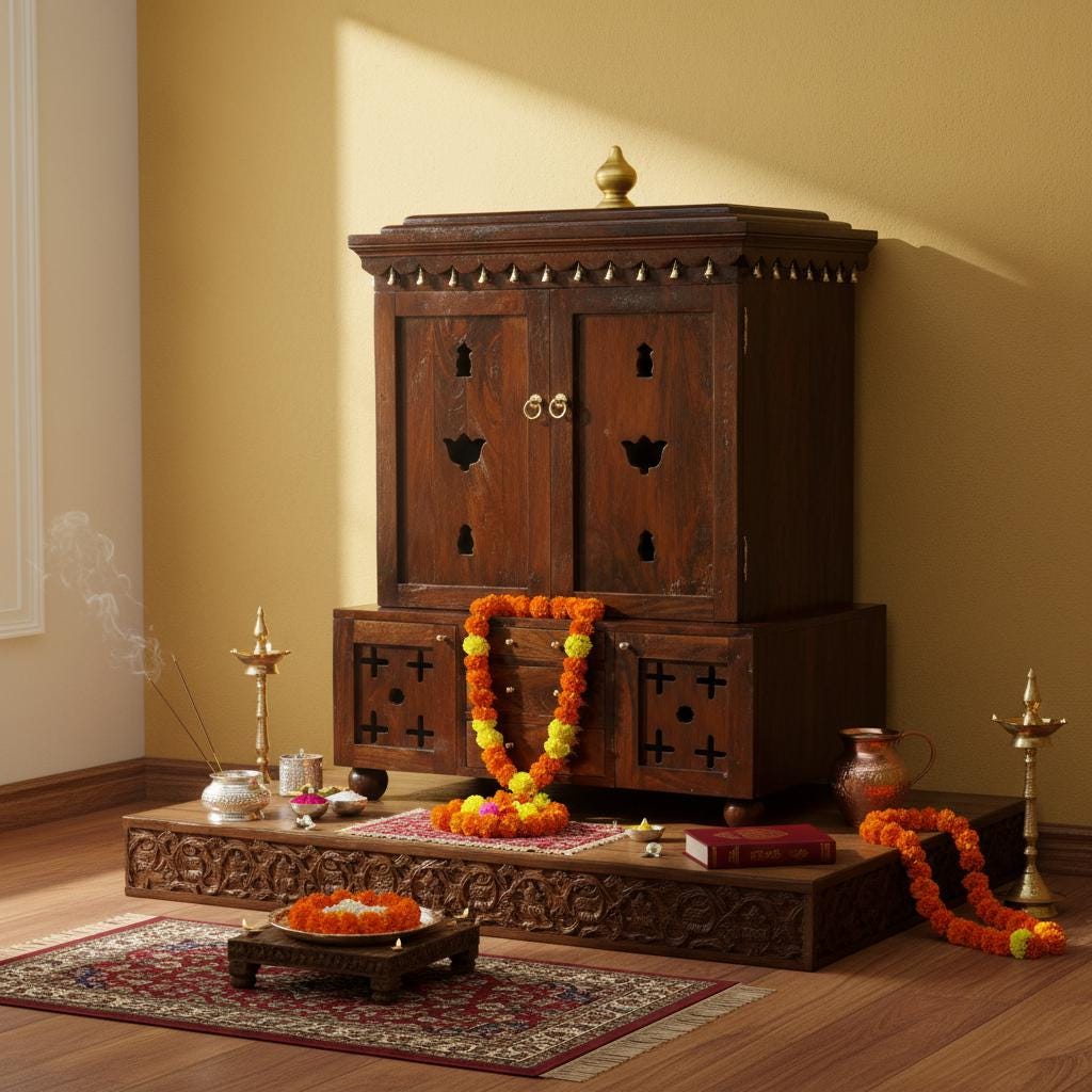 Handicrafted Solid Wood Pooja Mandir with Bells | Indian Wooden Temple with Storage Drawers & Brass Fittings Sheesham Wood | Hanging Bells