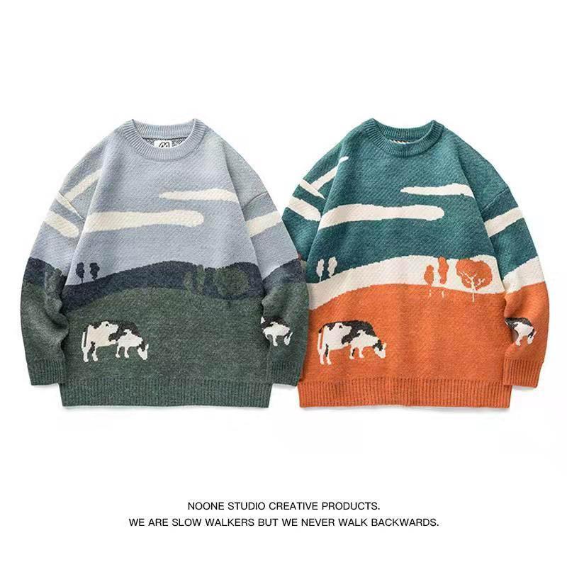 Retro Style Round Neck Cow Pattern Sweater Men's Winter Fashion Pullover Women's Casual Knitwear