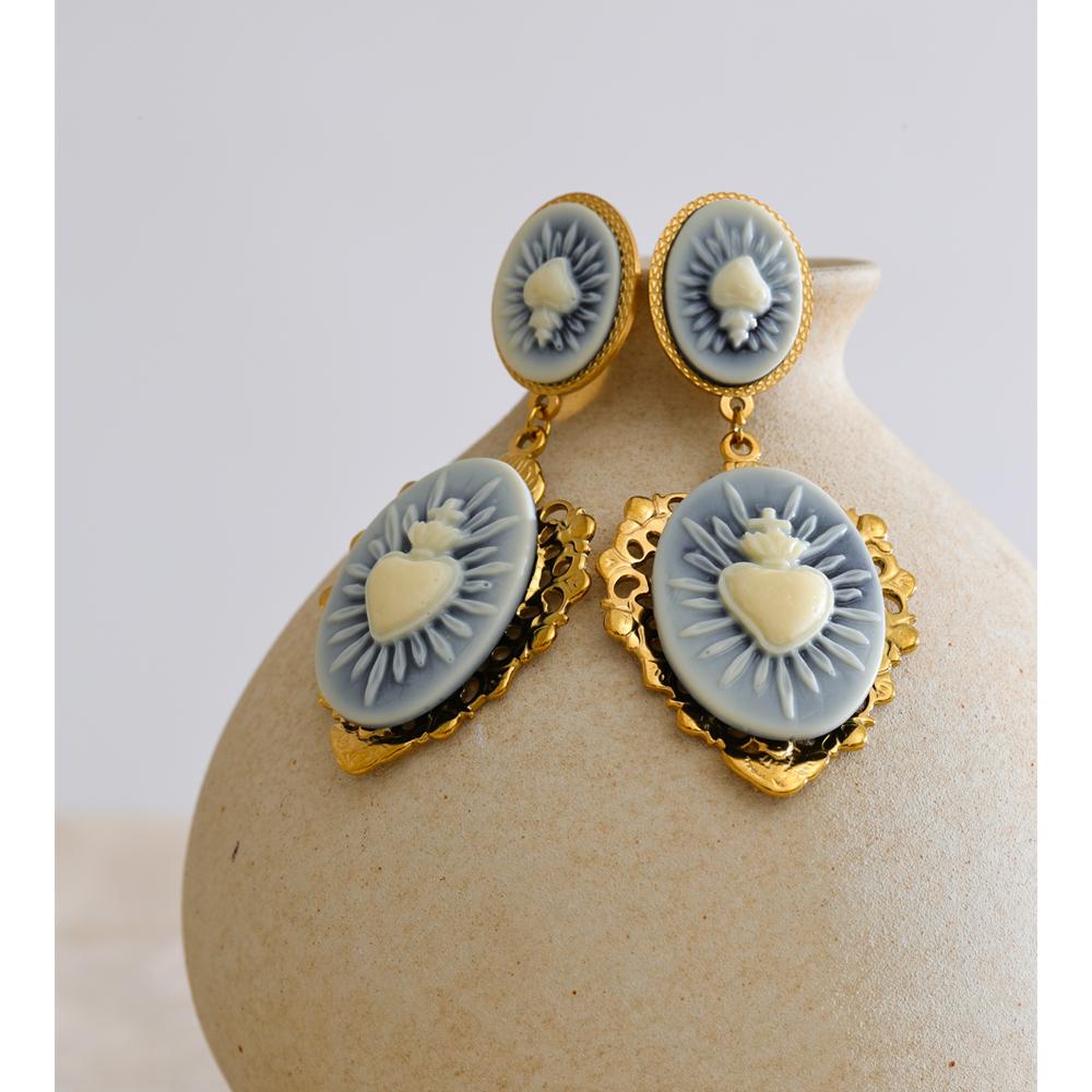 Eetit French Style Resin Heart Flower Drop Dangle Palace Earrings for Women Stainless Steel Fashion Vintage Jewelry Waterproof