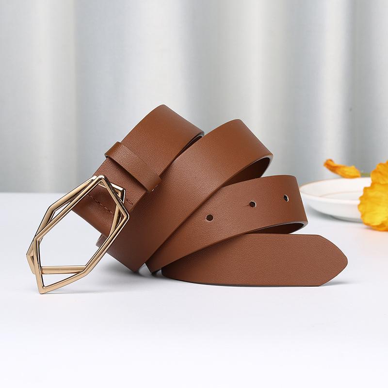 Personalized Trend Rhombus Plate Buckle First Layer Leather Belt Women'S Fashion Simple And Versatile Casual Smooth Buckle Belt Women'S