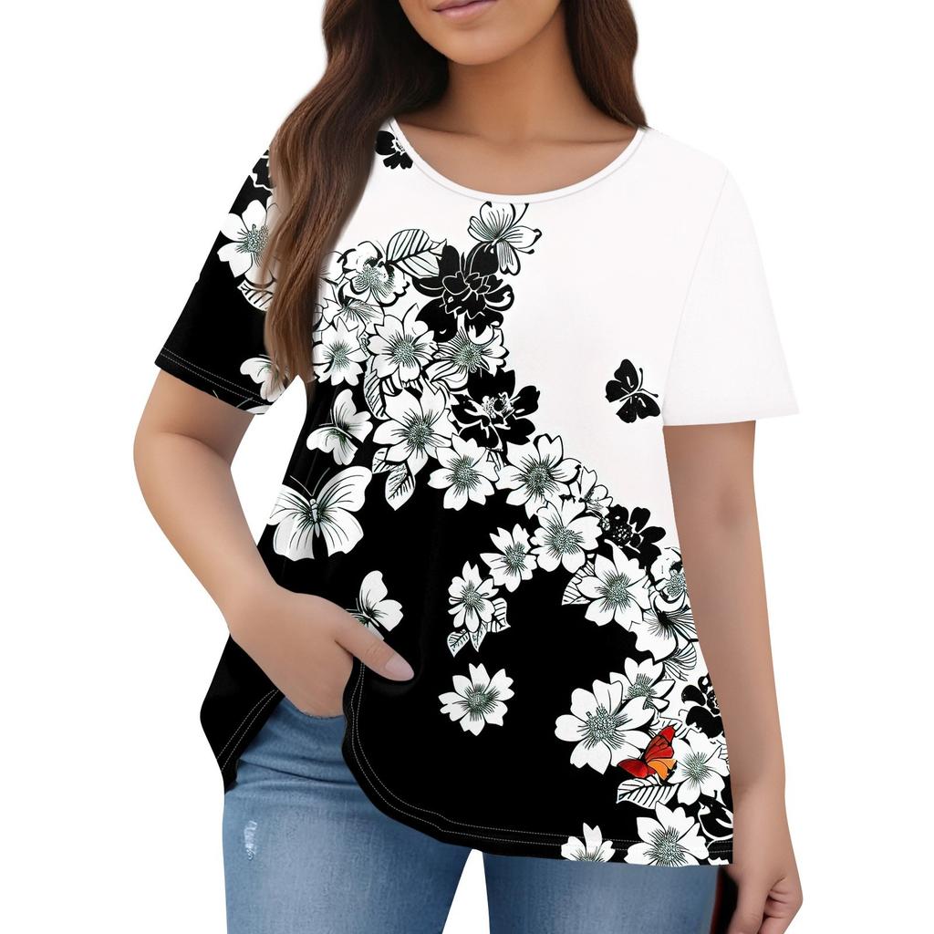 Women's Fashion Large Size Round Neck Short Sleeve Casual Print Loose Pullover Top