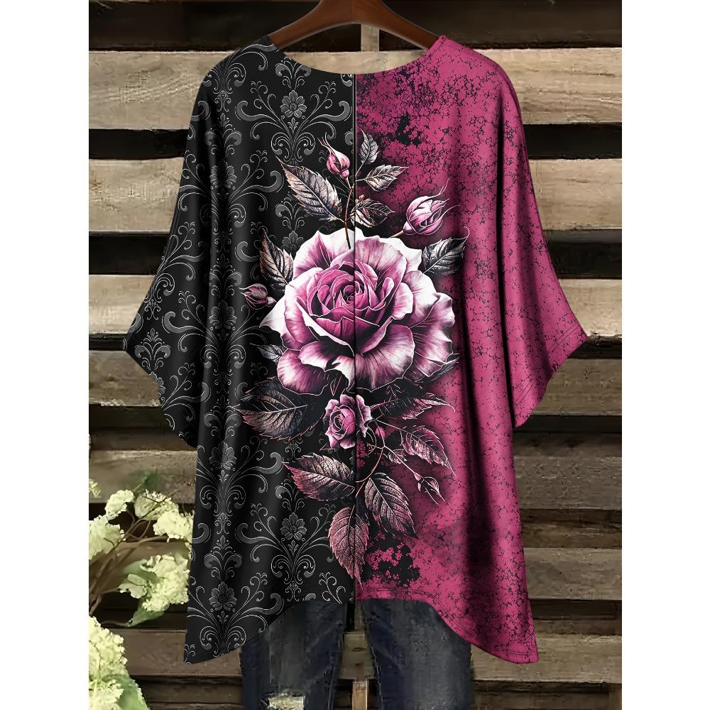Plus Size Ladies Elegant Bohemian Print T-Shirt - Crew Neck Asymmetrical Hoop
