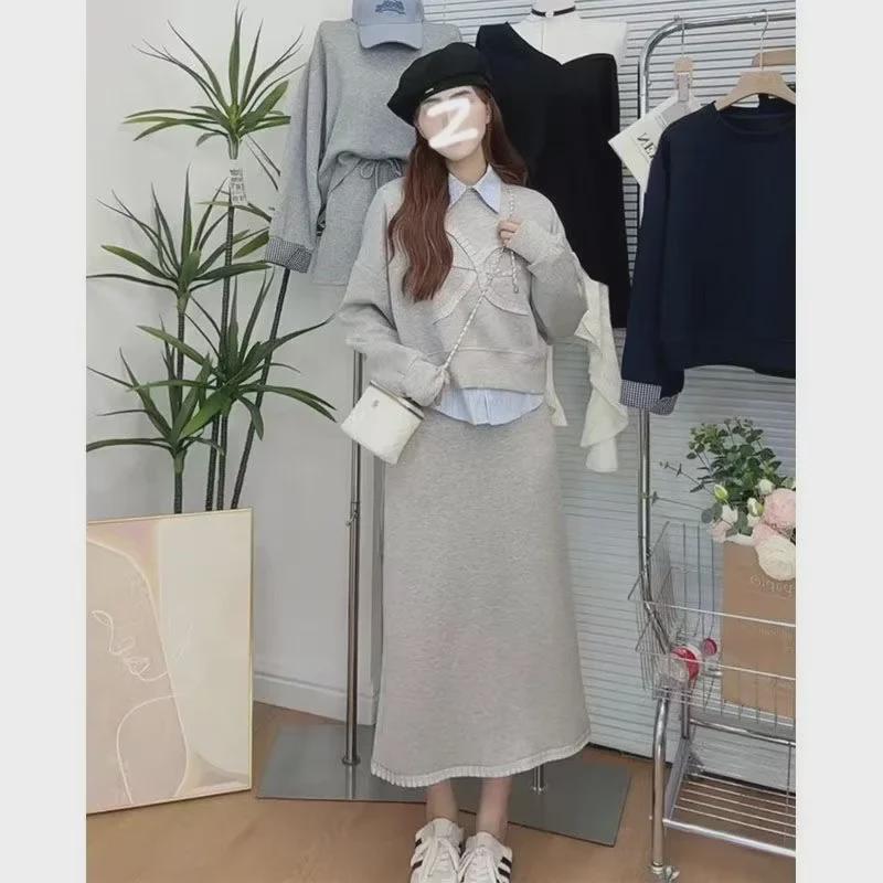 Trendy Korean-Style College Three-Piece Set: Sweatshirt, Shirt, Short Skirt