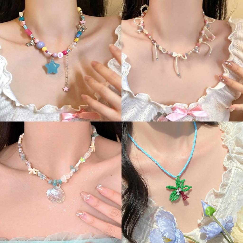 Summer Color Stars Beaded Pendant Necklace Female Sweet Small Fresh Clavicle Chain Vacation Style Niche Versatile Necklace