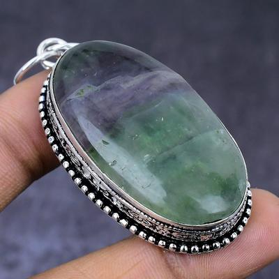 Natural Fluorite Gemstone Handmade 925 Steling Silver Jewelry Pendant 2.48" M6v81