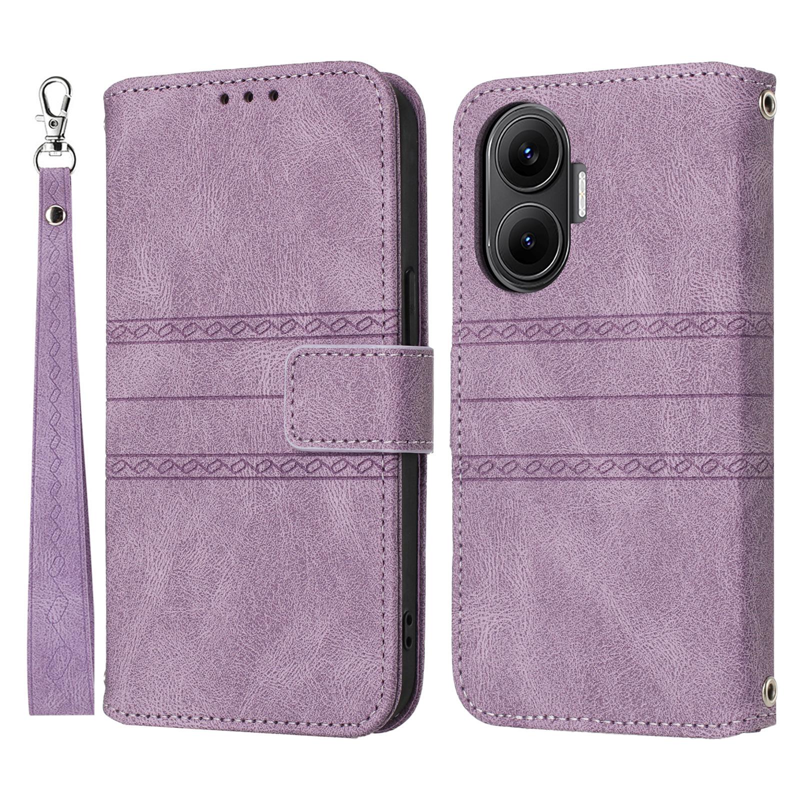 

For Xiaomi Poco F7 5G/Redmi Turbo 4 Pro 5G Case Wallet Skin-Touch Leather Imprinted Phone Cover with Wrist Strap Purple