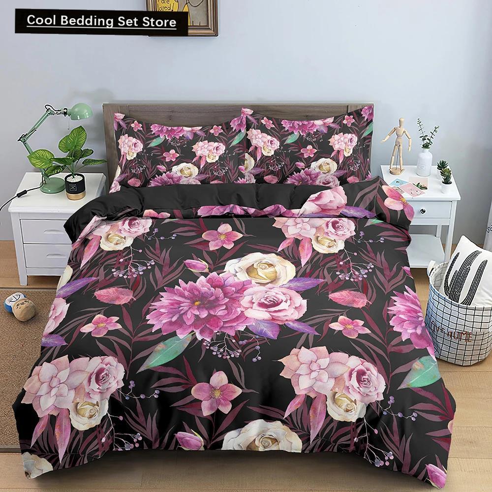 Comforter Flowers King Queen 3D Colorful Floral Printed Polyester Bedding Set For Teens Adults Women Leaves Soft