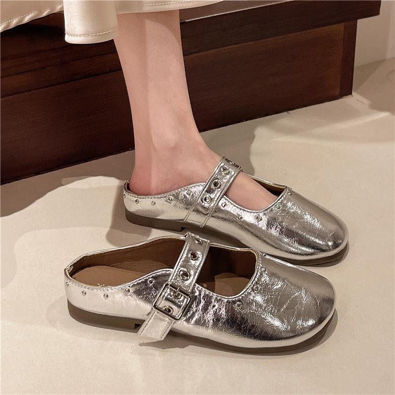 Mules à boucle à un mot pour femmes 2025 nouveau printemps à semelle plate demi-traînante jupe à enfiler chaussures simples à semelle souple