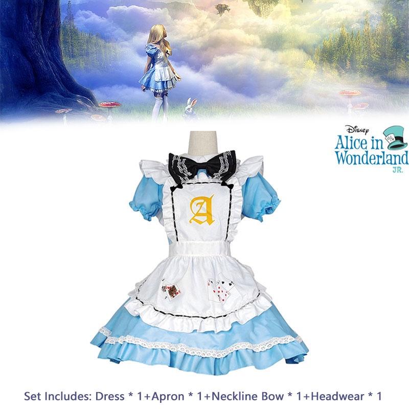 In Alice Wonderland Maid Dress Set Cosplay Costume Playing Card Pattern Fan Girl