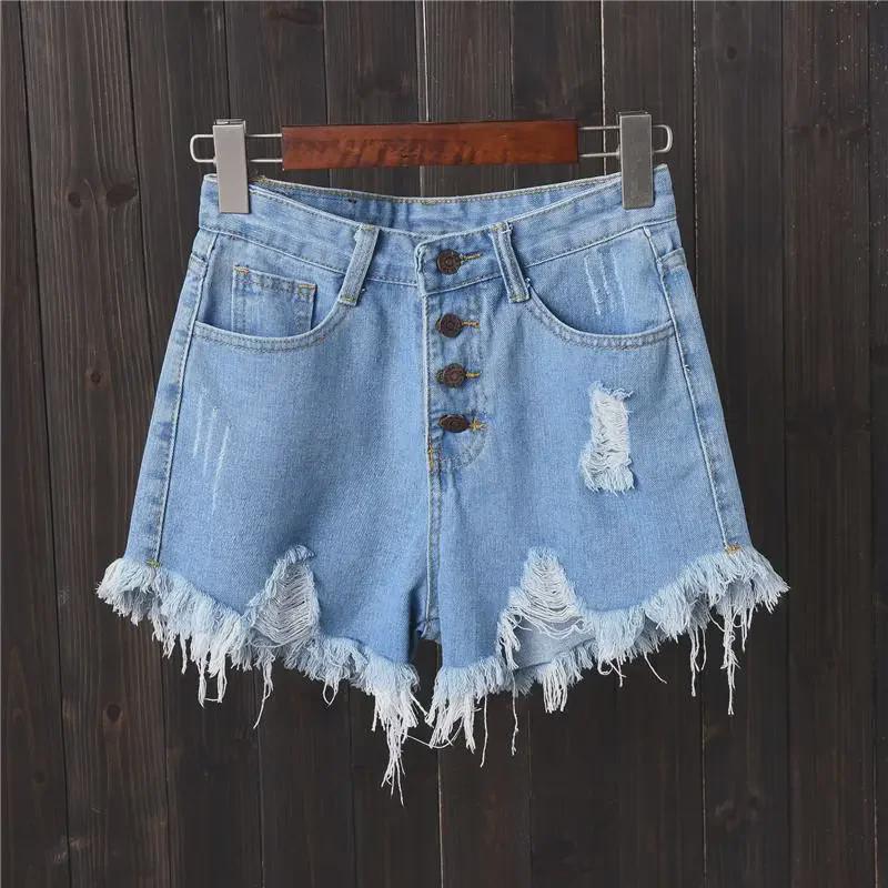 Plus-Size Ripped Button-Down Denim Shorts - Korean Style Wide-Leg Summer Hot Pants with Frayed Hem