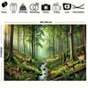 Serene Sunlit Forest Tapestry, Misty Woodland with Spotted Deer, Ferns and a Gentle Stream, Calming Nature Wall Art