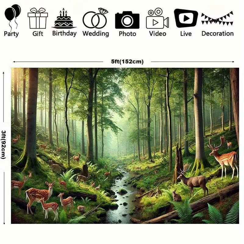 Serene Sunlit Forest Tapestry, Misty Woodland with Spotted Deer, Ferns and a Gentle Stream, Calming Nature Wall Art