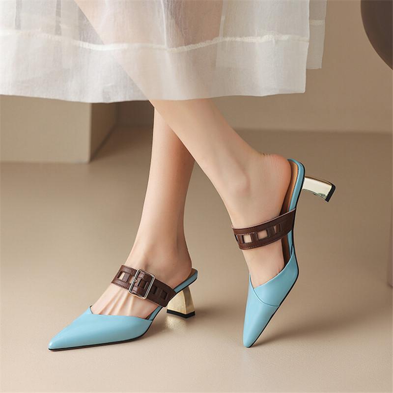 Fashion 2025 New Summer Women Shoes Pointed Toe High Heels Women Sandals Shoes for Women Cowhide Shallow Mueller Shoes Slippers Women