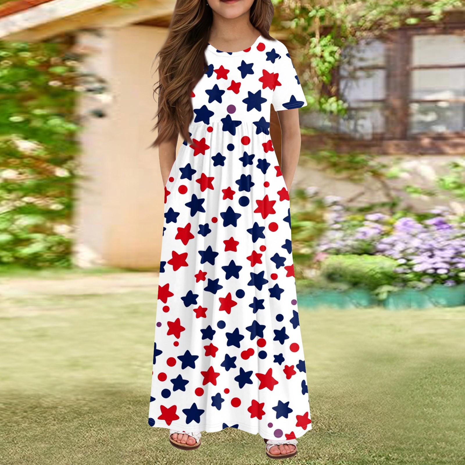 

Длинное летнее платье для девочек - платье макси с короткими рукавами и карманами для детей 4-14 лет 130