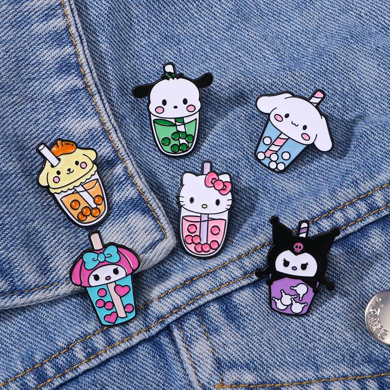 Cartoon Sanrio Milk Tea Brooch Cinnamoroll Pochacco Hello Kitty Enamel Alloy Pin Badge for Clothes Bag Decoration