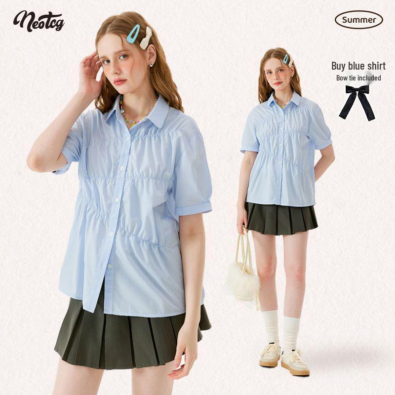 

Женская блузка NEOTCG летнего голубого цвета с плиссированными короткими рукавами - Новый дизайн, трендовая, свободного кроя, повседневный стиль высокого класса L