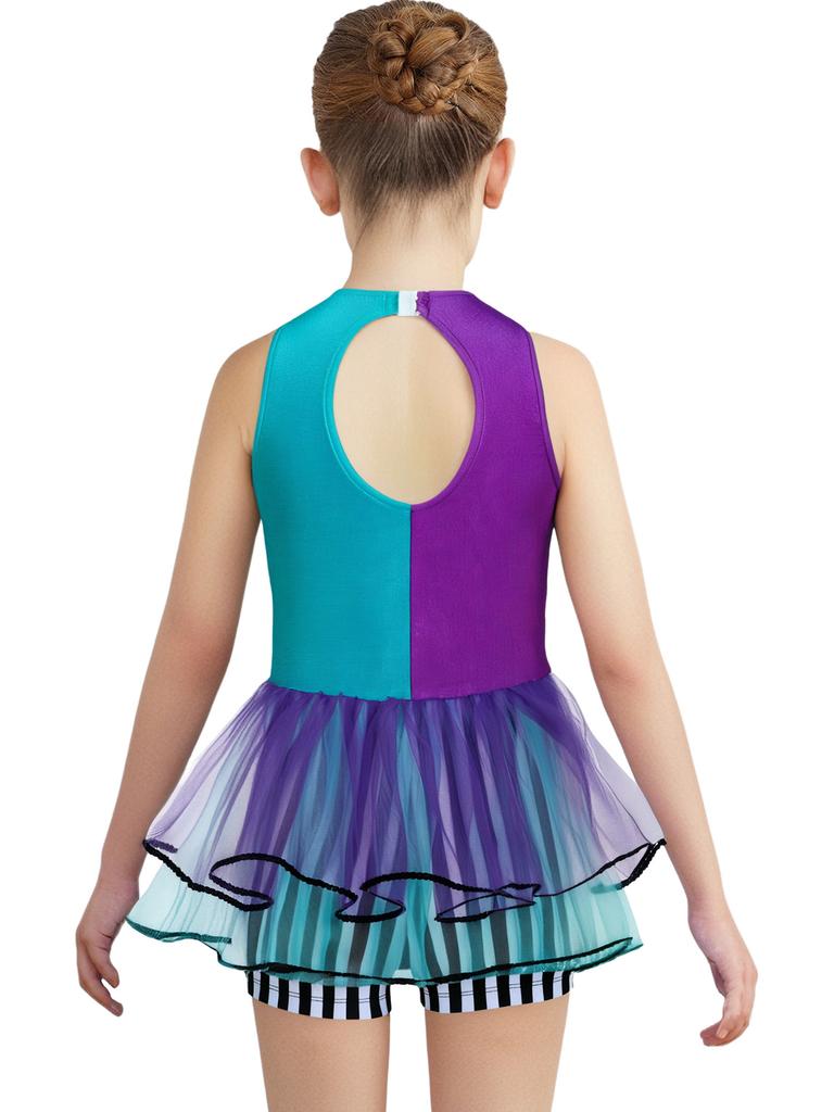 Girls Mad Costume: Sleeveless Stripes Checkerboard Bow Knot Tutu Bodysuit for Fairytale Tea Party Dress Up