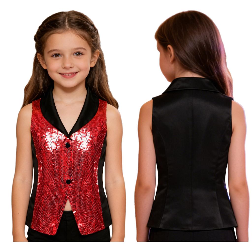 Třpytivá pódiová vesta pro dívky: Saténová vesta s kontrastními barvami, klopovým výstřihem a patentkami, Nezbytnost pro taneční kostým