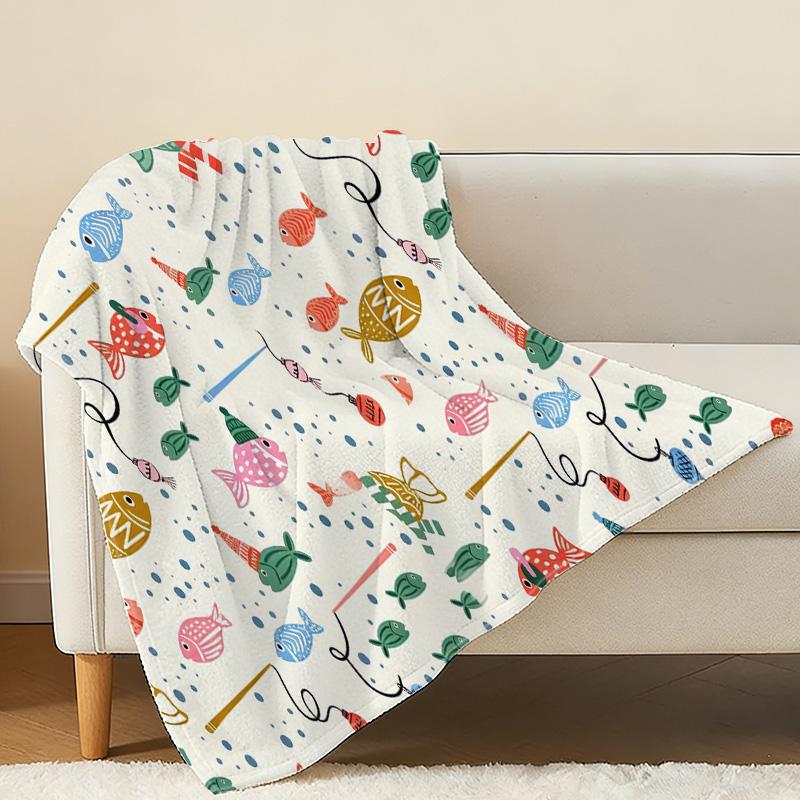 Soft Cozy Solid Flannel Throw Blanket – Cute Cartoon Fish Pattern, Warm for Home, Sofa, Halloween, Christmas, Daily Casual Use