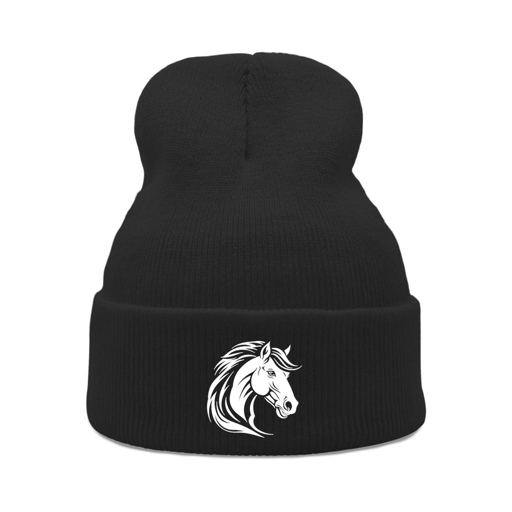 White Horse Print Winter Hats Unisex Warm Knitted Cap Beanie Hat For Woman Cuff Trendy Knit Hat Beanie Perfect For Urban Style