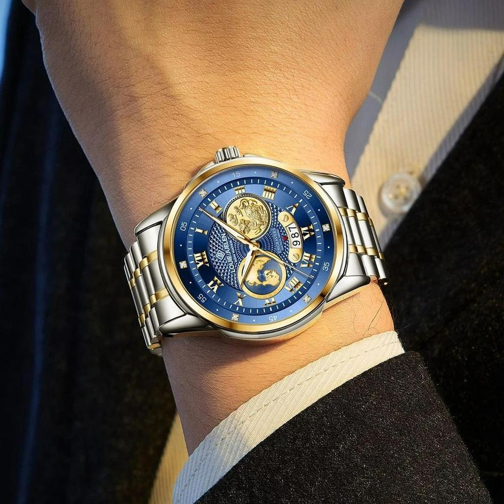 Luxury Gold Engraved Watch for Men Stainless Steel Waterproof Business Quartz Wristwatch with Date, Ideal Gift for Father's Day & Anniversaries
