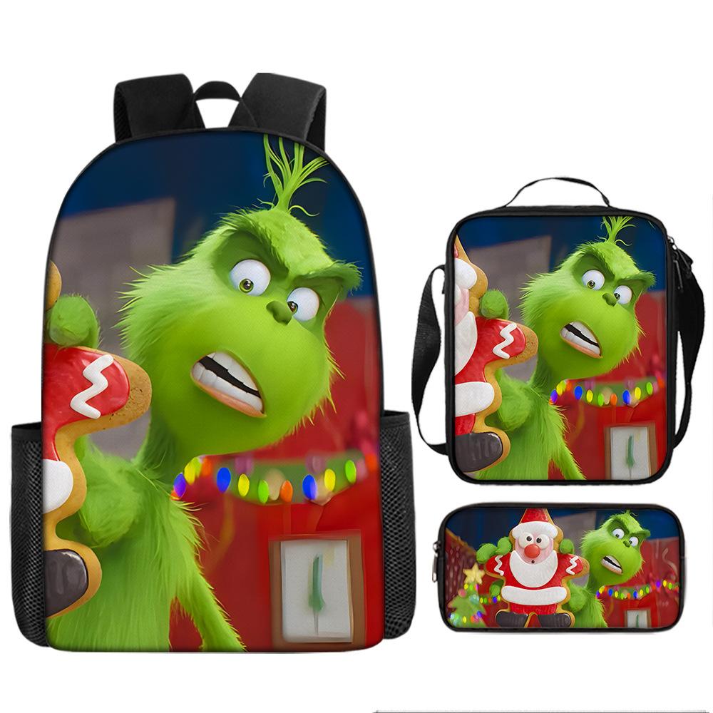 Green Hair Monster Grinch School Bag Campus 12345th and 6th Grade Backpack Lightweight Weight Loss Computer Bag Three-piece Set