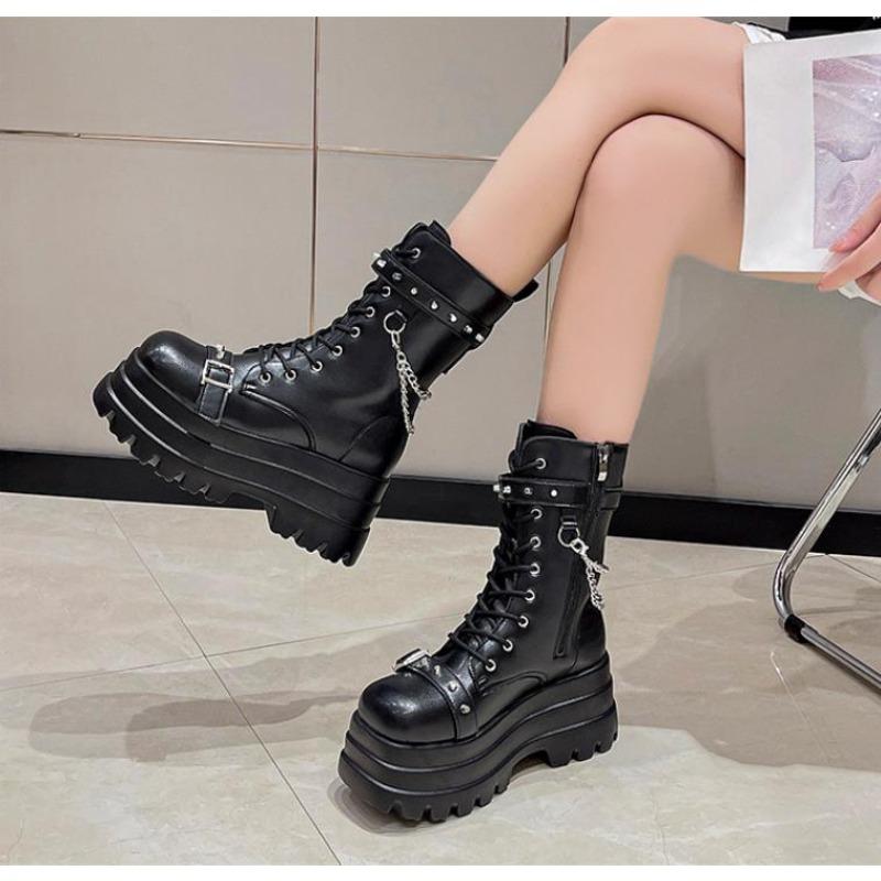Fashion Platform Thick Gothic Boots Lady Buckle Autumn Shoes Women Wedges Mid-calf Boots Punk Street Cosplay Chain Motorcycle Botas
