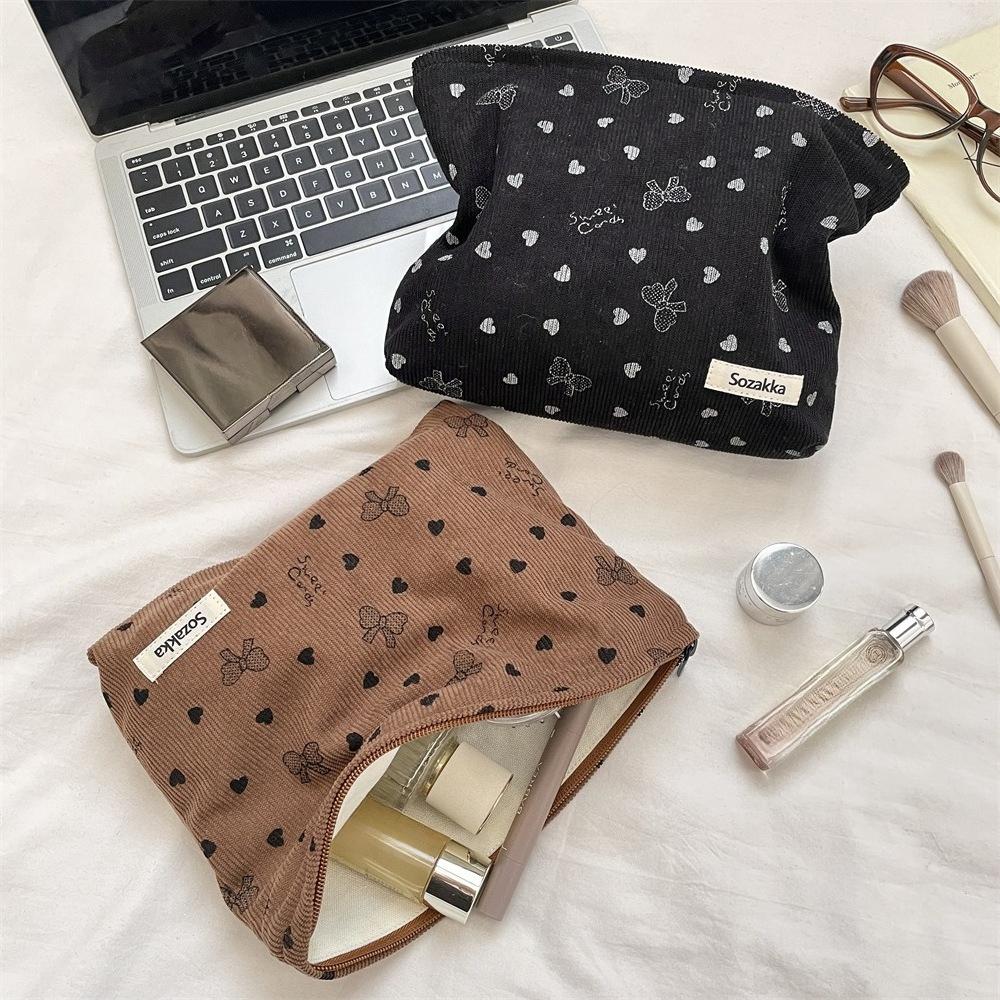 Corduroy Makeup Bag for Women Large Capacity Travel Cosmetic Bag Girl's Make Up Organizer Portable Cute Bow Makeup Pouch