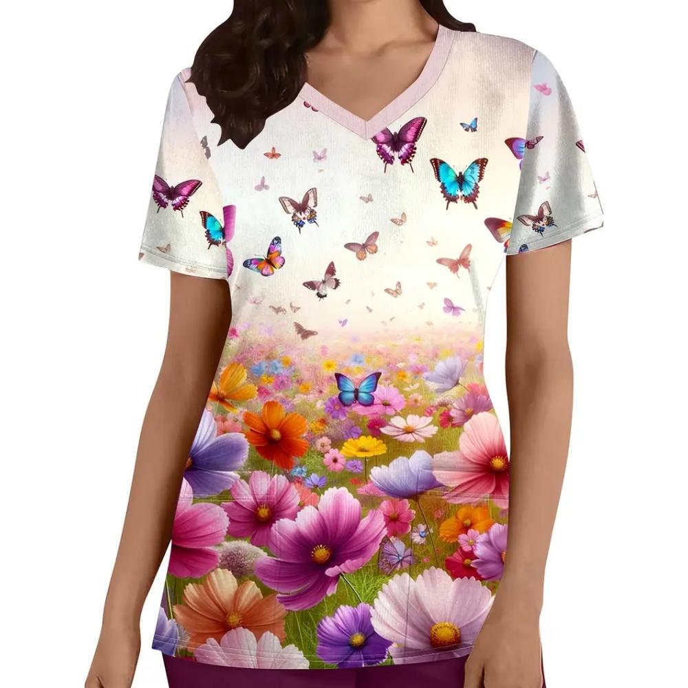 Klinisk Uniform Dame Mote Sommer V-Hals Tannlege Dame Skrubb Mikrostretch Kort Erm Sykepleieruniform Dame