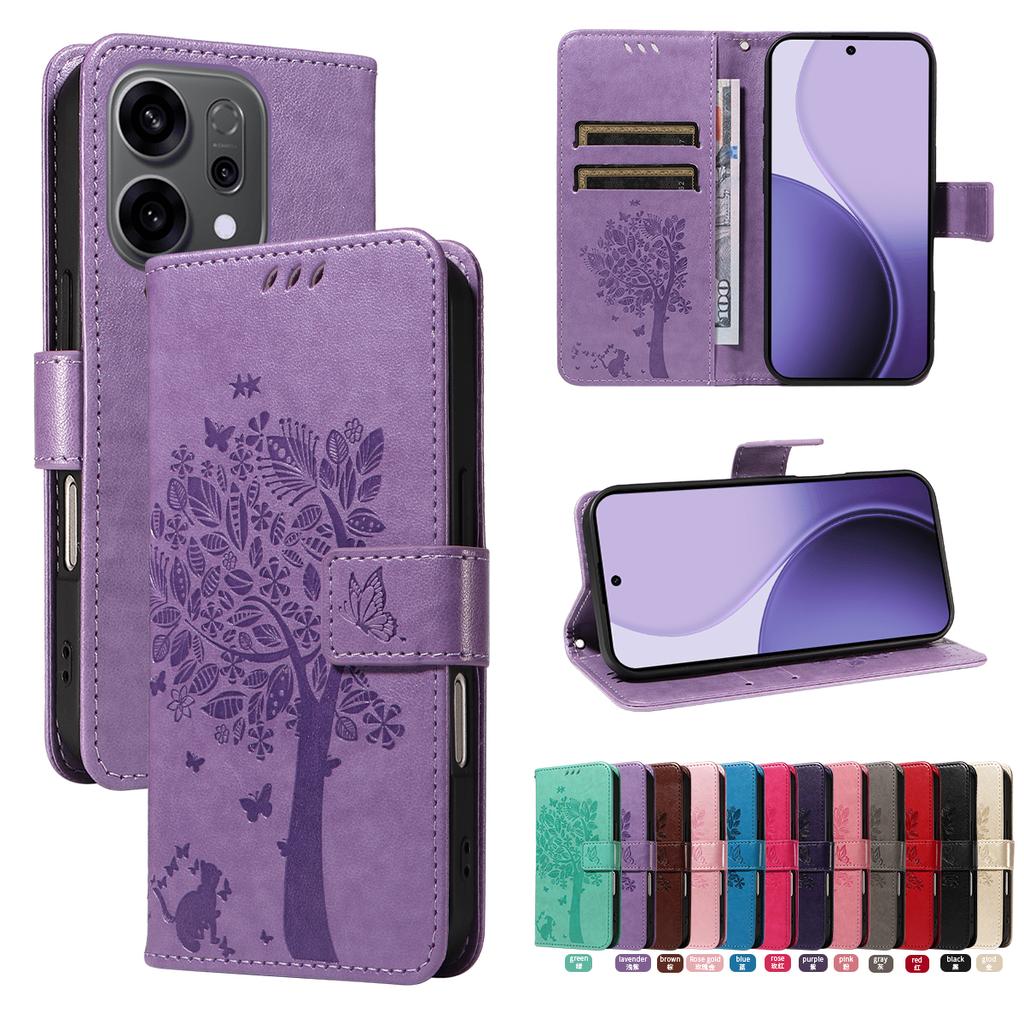 Embossing Print Tree Magnetic Leather Flip Wallet Case For Oppo Reno 14 13 12 11 Pro 14f 13F 13FS 12F 12FS 11F Phone Cover Shell