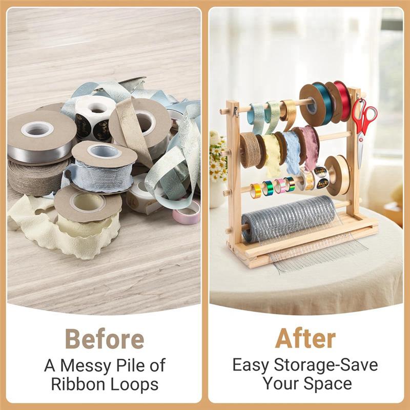 Good-4 Tiers Wooden Ribbon Rack Ribbon Spool Holder Storage Display Shelf Craft Ribbon Stand For Craft Room Ribbon Organizer