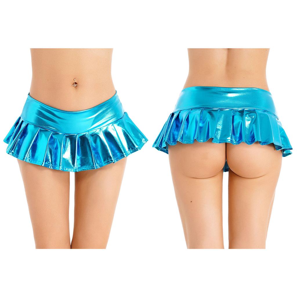 Womens Metallic Shiny Pleated Miniskirt Low Rise Skirt Nightclub Dance Performance Costume