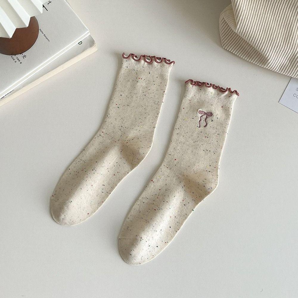 5Pairs Embroidery Ruffled Socks Women Cat Mid-calf Cotton Socks Sweet Bowknot Sock  Women's