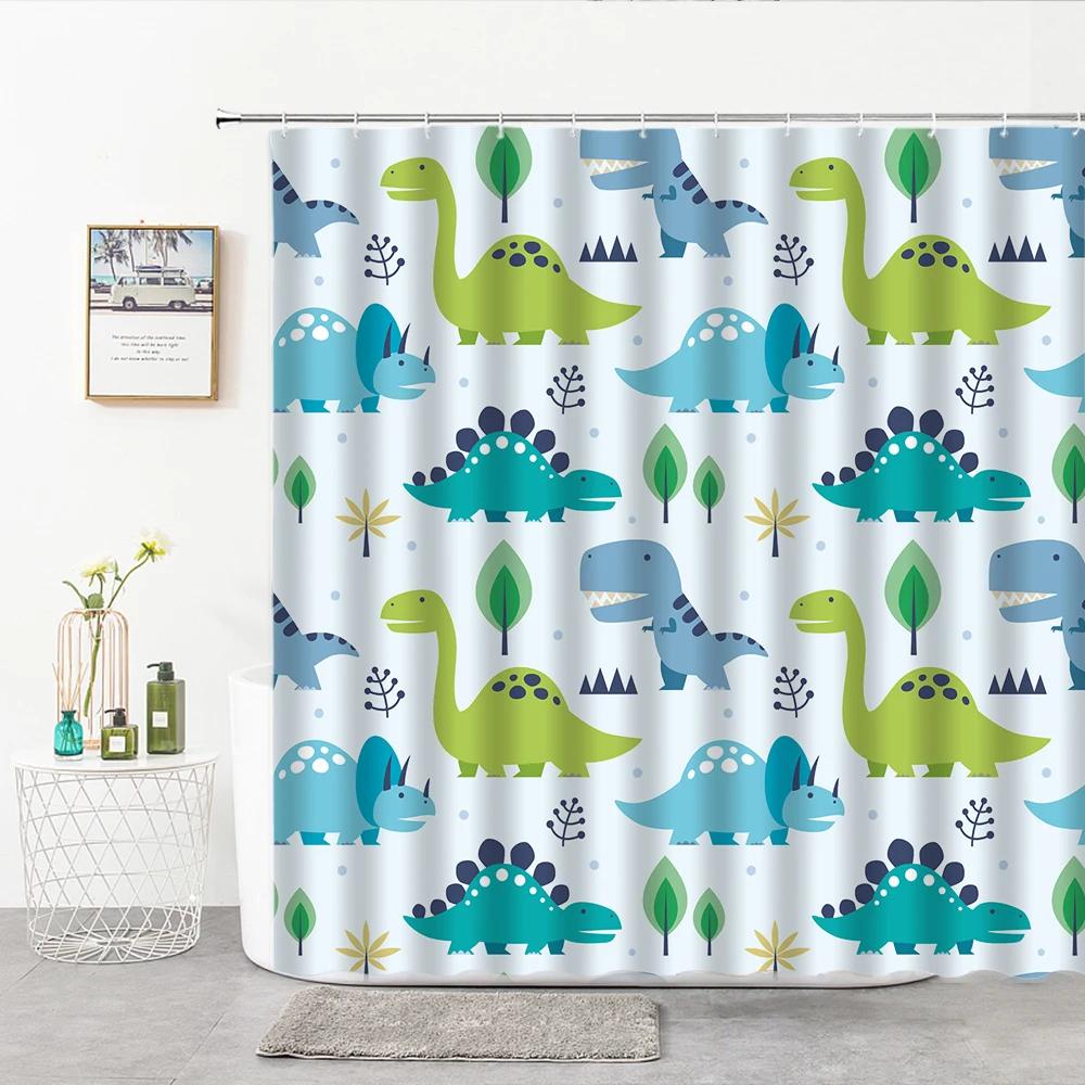 Cartoon Dinosaur Shower Curtain Fabric Hooks Children's Room Decoration Cloth Toilet Bath Curtain Home Background Wall Covering