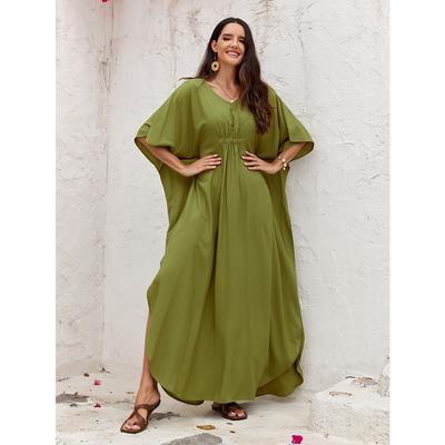 Plus Size Boho Cover Up, Women's Plus Solid Batwing Sleeve V Neck Maxi Split Kaftan Beach Dress
