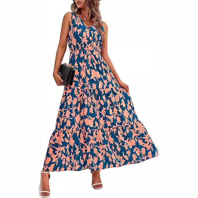 Elastic Waist Sleeveless V-Neck Print Dress - 2025 European & American Women's Fashion Bestseller