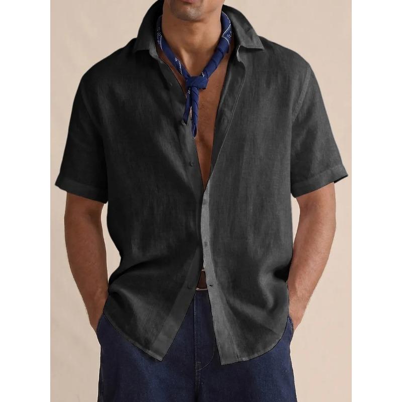 Mens Casual Solid Color Linen Short Sleeve Button Up Shirt