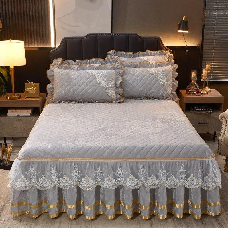 Winter Coral Fleece Zipper Removable Luxury Bedspread King Queen Thicken Velvet Quilted Bed Skirt Not Including Pillowcase