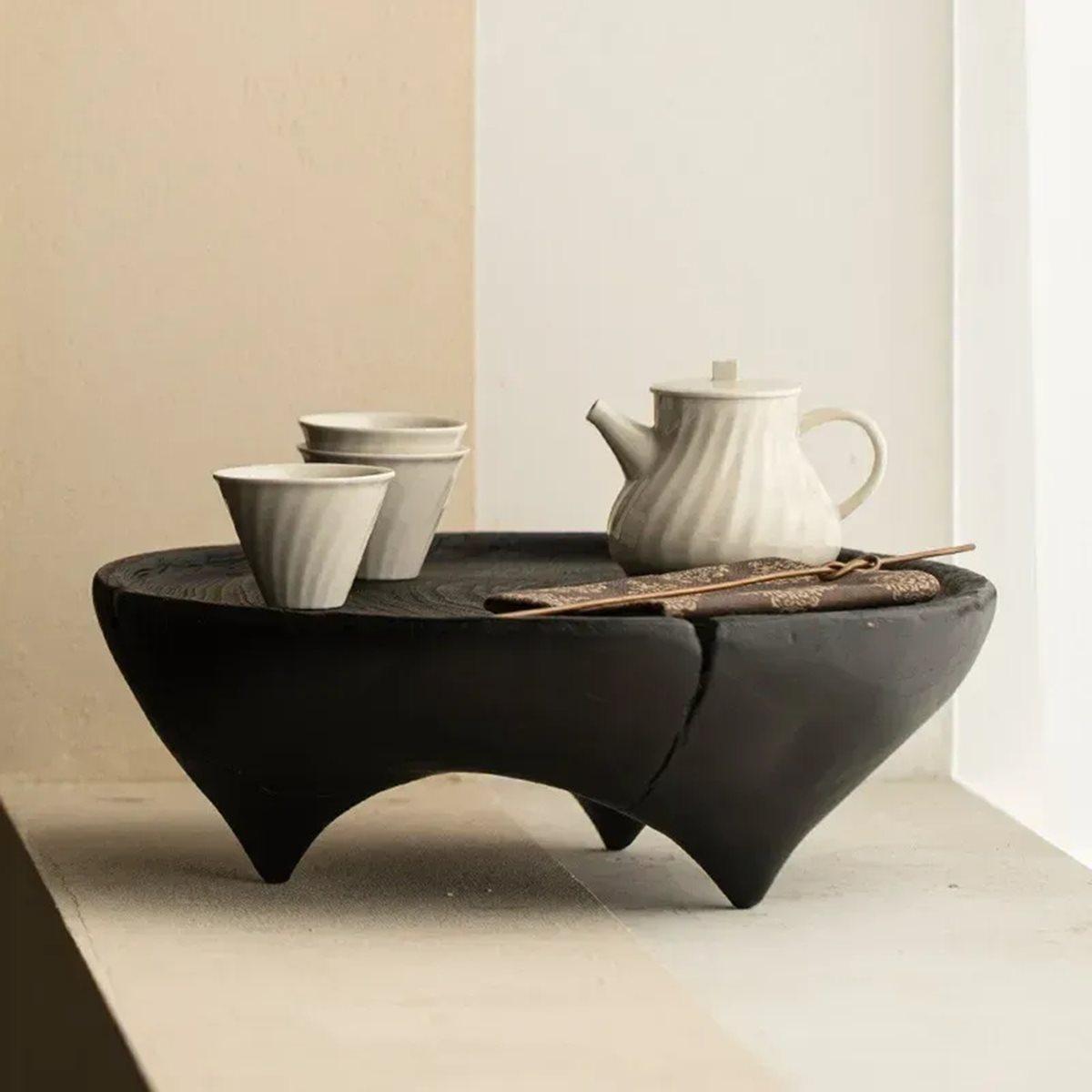 Carbonized Wood Small Tea Tray Round Dry Brewing Table Household Tea Set Storage Tray Tea Set Accessories