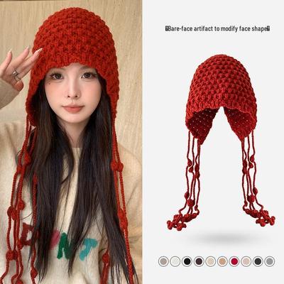 Women's Warm Knit Wool Hat with Tassel Pom Pom - Head-Wrapping Design for Autumn and Winter, Fits Large Heads, Highlights Small Face
