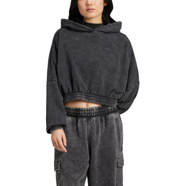 Adidas Originals Crop Hoodie Acid-Wash Solid Color Soft Loose Casual Hooded Long Sleeve Sweatshirt Women hoodies Black JJ0333