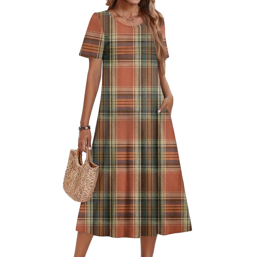 Ladies' Plaid Printed Casual And Fashionable Short Sleeved Round Neck Dress