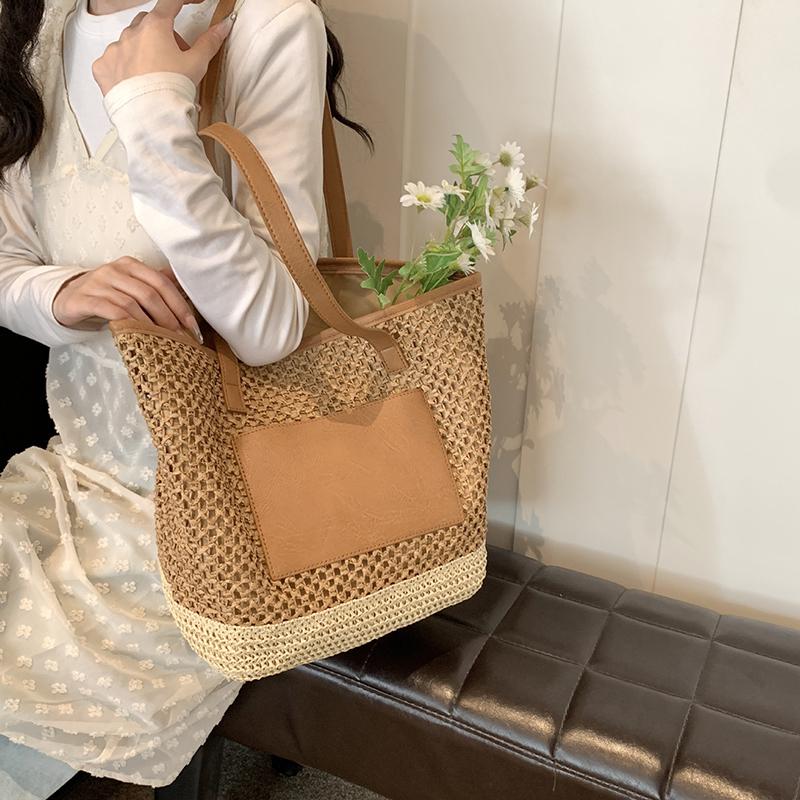 Women Crochet Beach Handbag PU Patchwork Weaving Travel Bag Contrast Color Simple Shoulder Bag Ladies Summer Daily Bag AVE