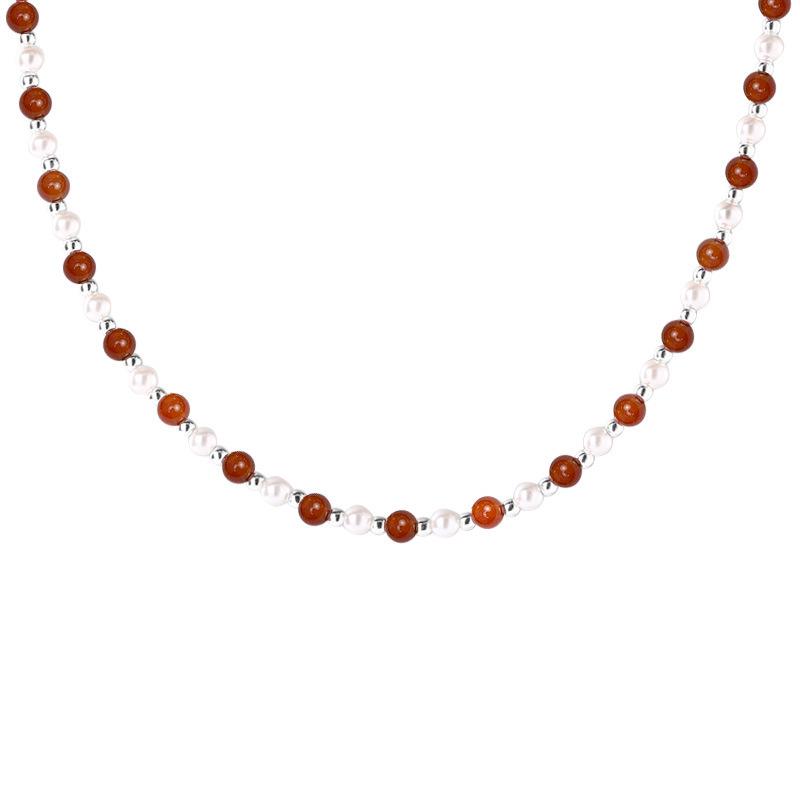 S925 Sterling Silver Red Agate & Imitation Pearl Layered Necklace for Women - Perfect for Christmas & New Year