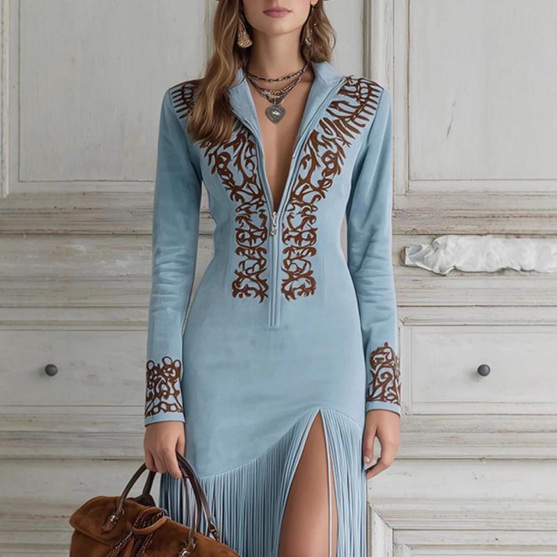 Abito da Donna alla Moda Suede Monocolore Stile Western con Frange Vestibilità Aderente Manica Lunga