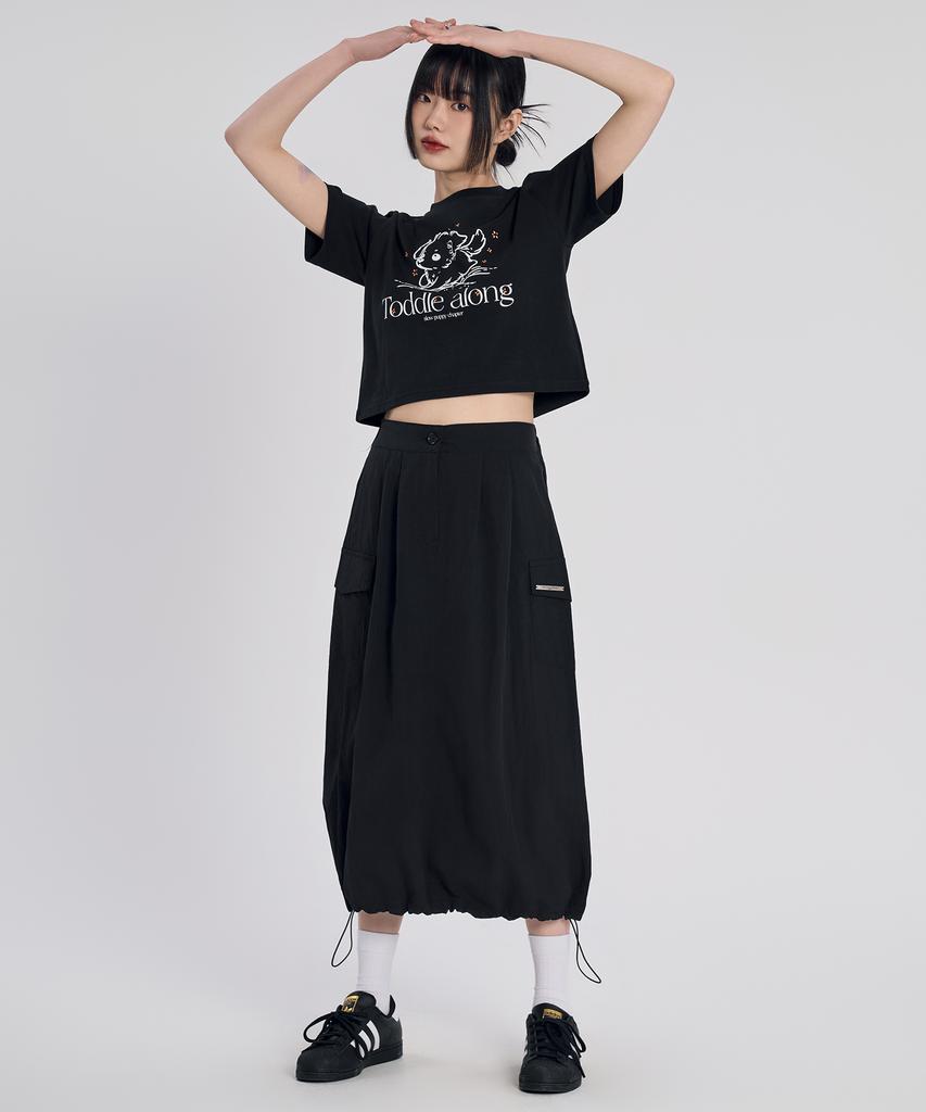 Slow Record House Nylon Cargo Long Skirt_Black