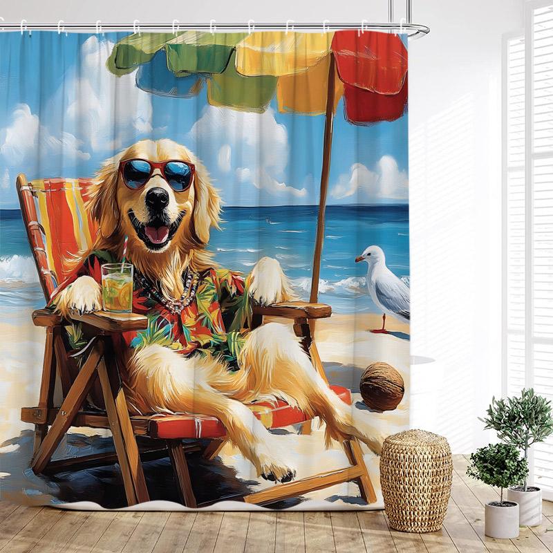 Funny Diving Cat Dog Shower Curtain Cute Cartoon Bathing Animals Sea Turtle Underwater Scenery Kids Bathroom Curtains Decor Set